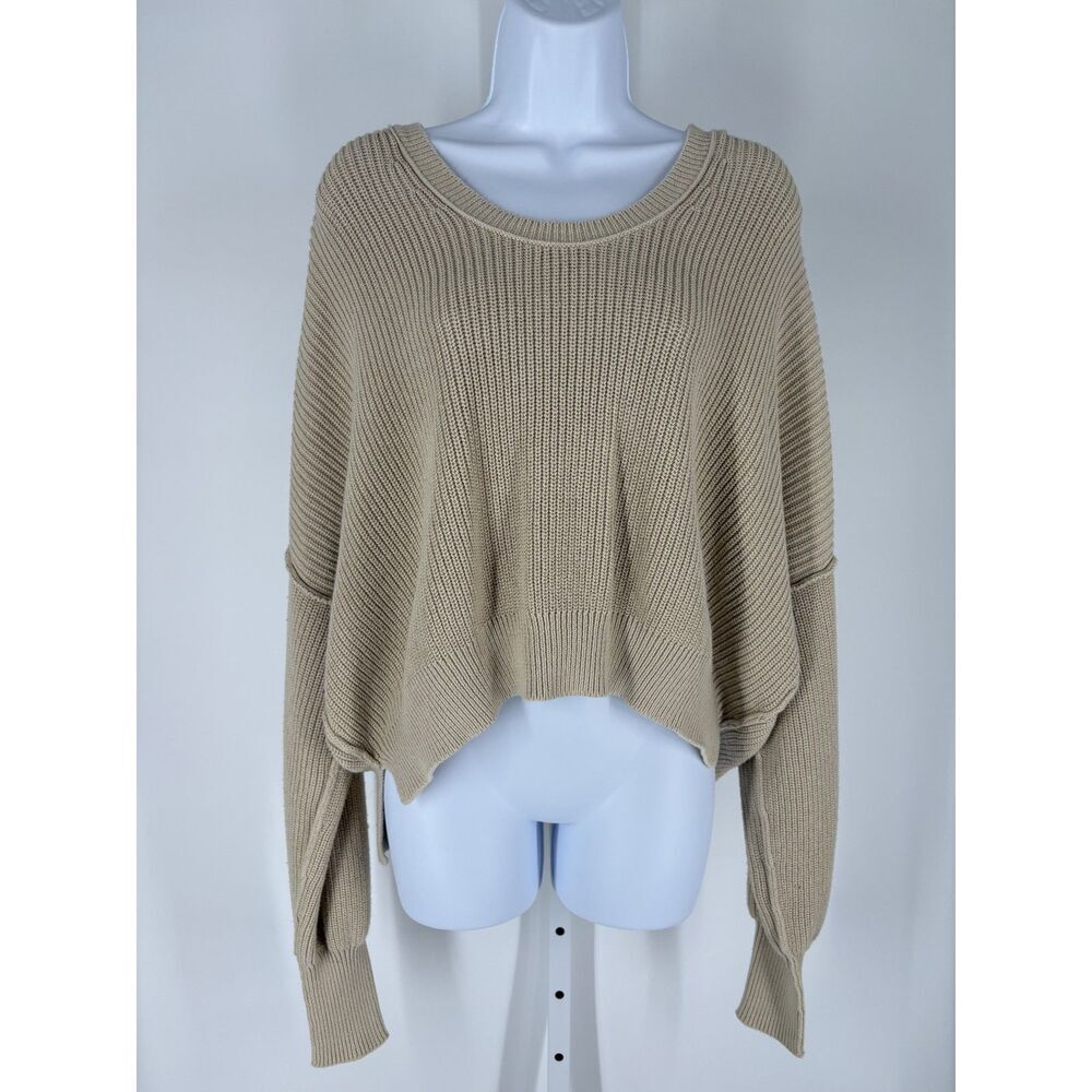 Aerie Tan Ribbed Knit Cropped Scoop Neck Sweater